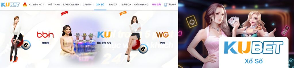 KUBET Xổ Số với hình người mẫu logo BBIN KU Xổ Số và WG trong danh mục xổ số của Kubet Vietnam